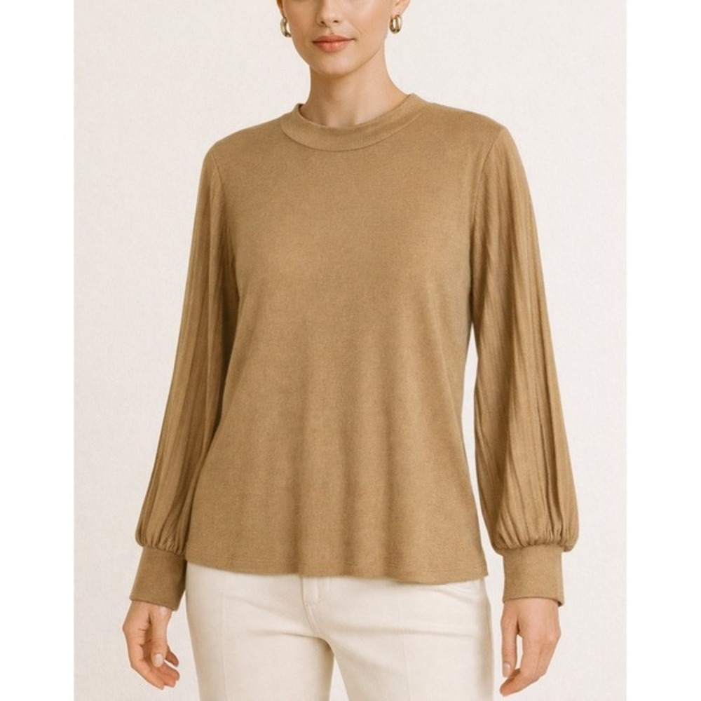 Chico's Shimmer Pleated Bishop Sleeve Blouse Top Women Size L Gold‎ Glam Festive